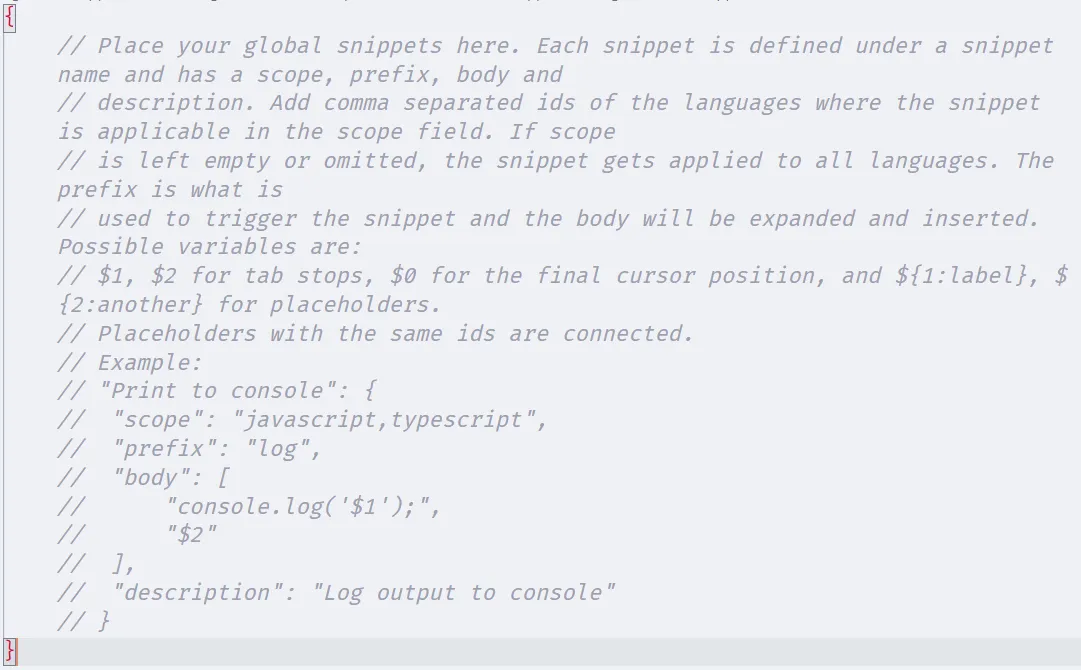 Arquivo de snippets "c_cpp" com o conteúdo padrão, que ensina a definir um snippet.