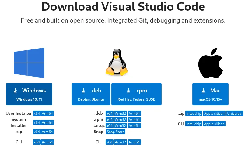 Página de download do Visual Studio Code, em que se seleciona o instalador do Windows.