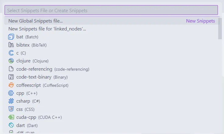 Menu de comandos do Visual Studio Code, em que se seleciona a opção "New Global Snippets file...".