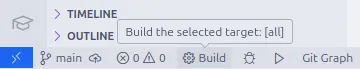 Parte inferior esquerda da tela do Visual Studio Code, em que se vê o botão de Build do CMake Tools.