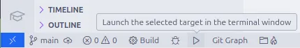 Parte inferior esquerda da tela do Visual Studio Code, em que se vê o botão de Launch do CMake Tools.