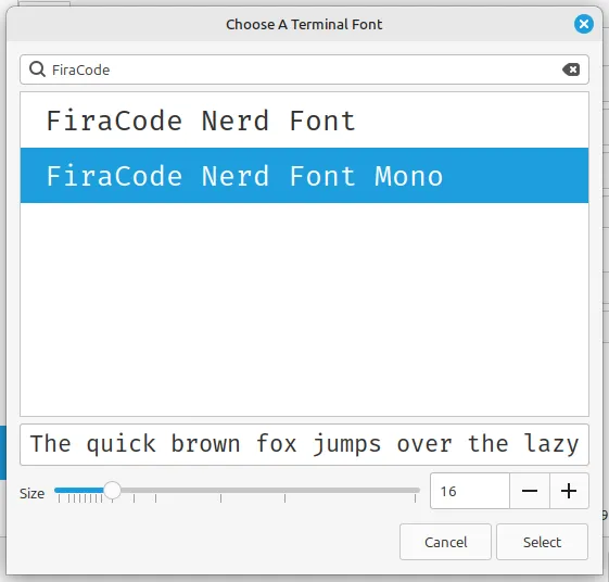 Menu de seleção de fontes do GNOME Terminal, em que se busca pelo texto "FiraCode", e se seleciona a fonte "FiraCode Nerd Font Mono".