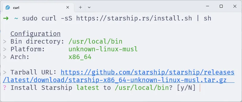 Terminal com o Zsh, em que se executa o comando de instalação do Starship.